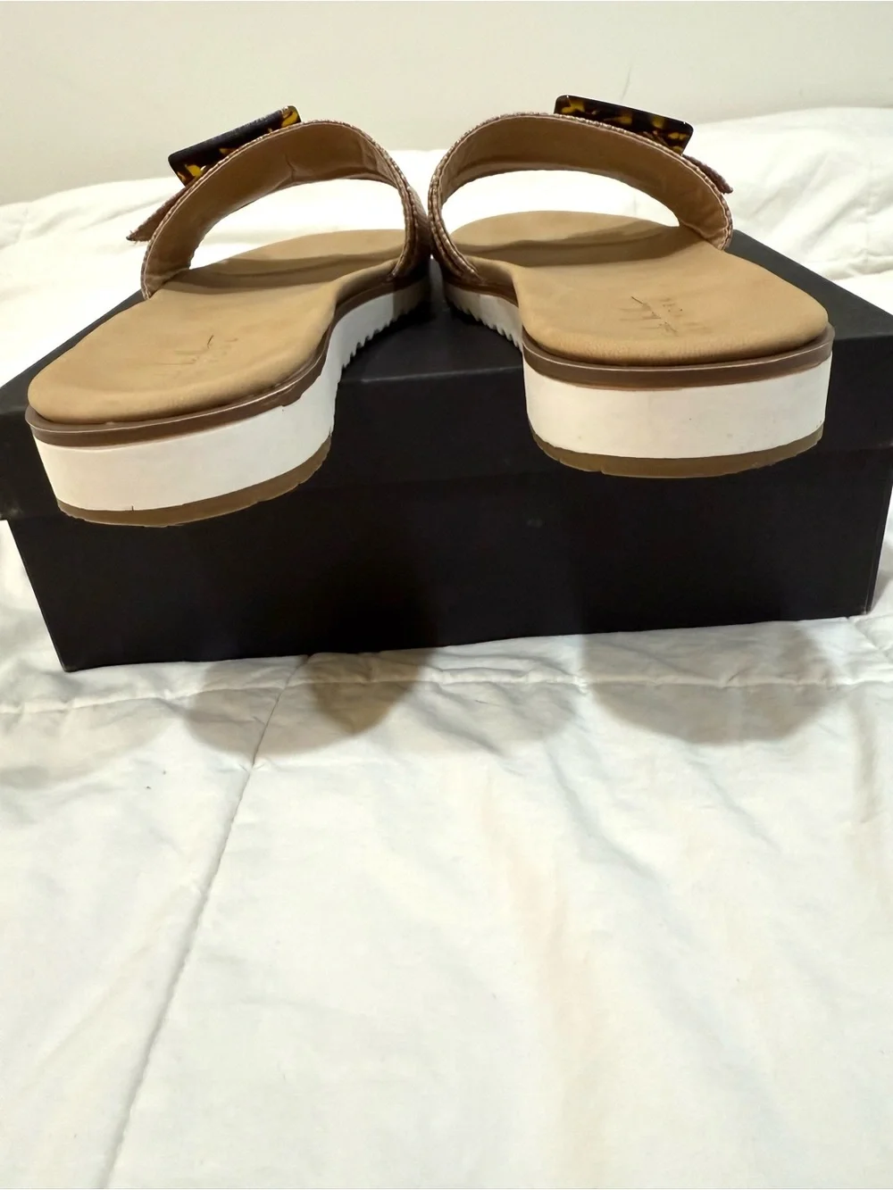 Nicole Miller Tan Woven Slide Sandals with Tortoiseshell Buckle